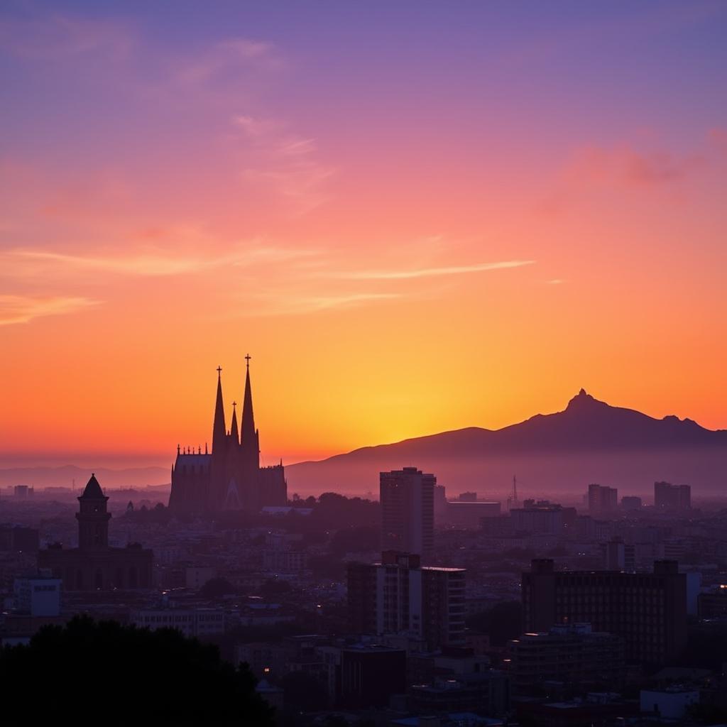 Panoramic view of Barcelona at sunset