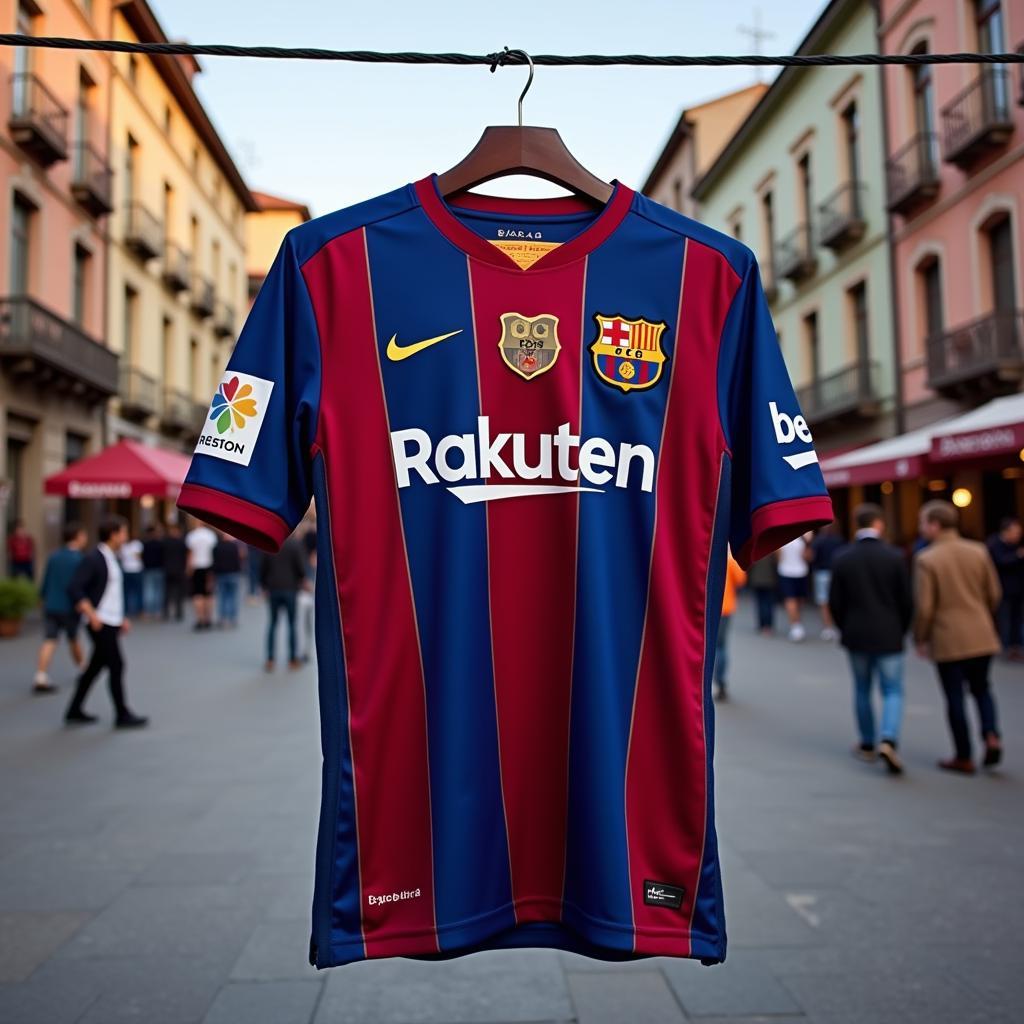 Barcelona Home Kit 23/24 Displayed in a Lively Plaza