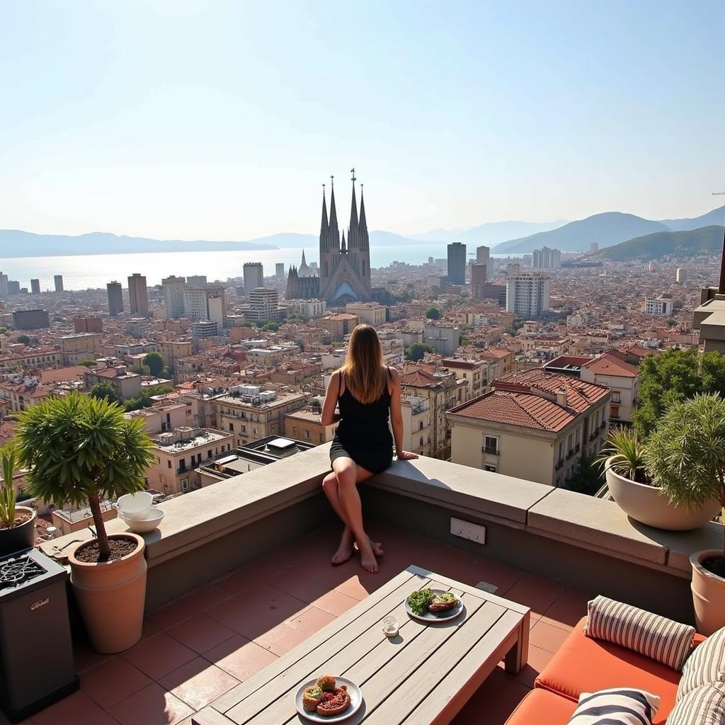 Panoramic View of Barcelona from a Rooftop Terrace