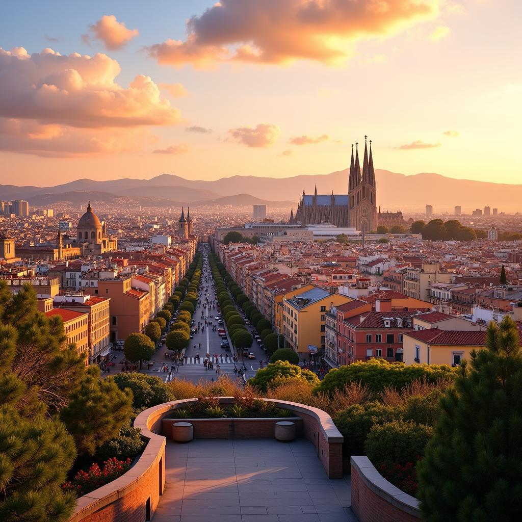 Panoramic view of Barcelona's skyline from a rooftop terrace