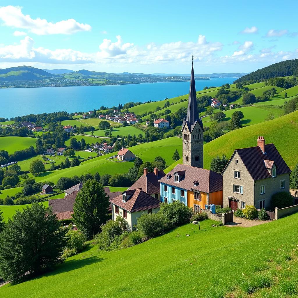 Rolling green hills and traditional Basque houses under a clear blue sky