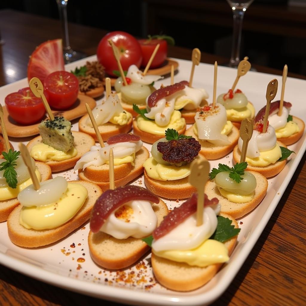 A colorful spread of pintxos, small snacks typically served in Basque bars, arranged on a wooden counter