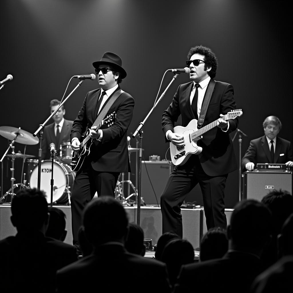 The Blues Brothers performing "Sweet Home Chicago" live on stage