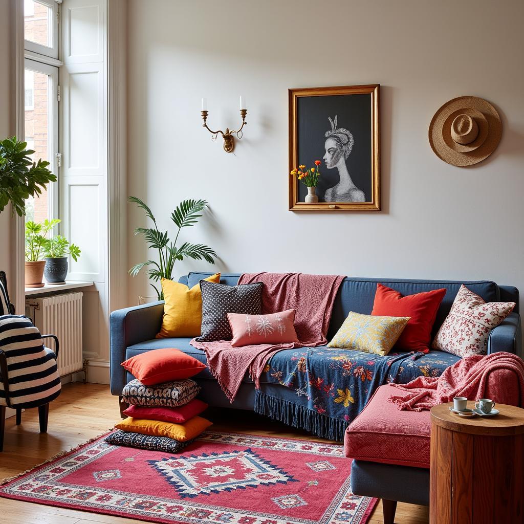  Bohemian-style living room featuring vibrant Zara Home cushions