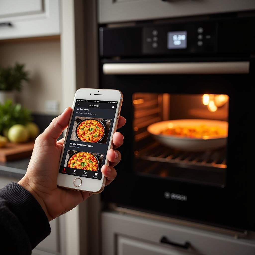 Smartphone displaying a paella recipe on the Home Connect app, with a Bosch oven in the background