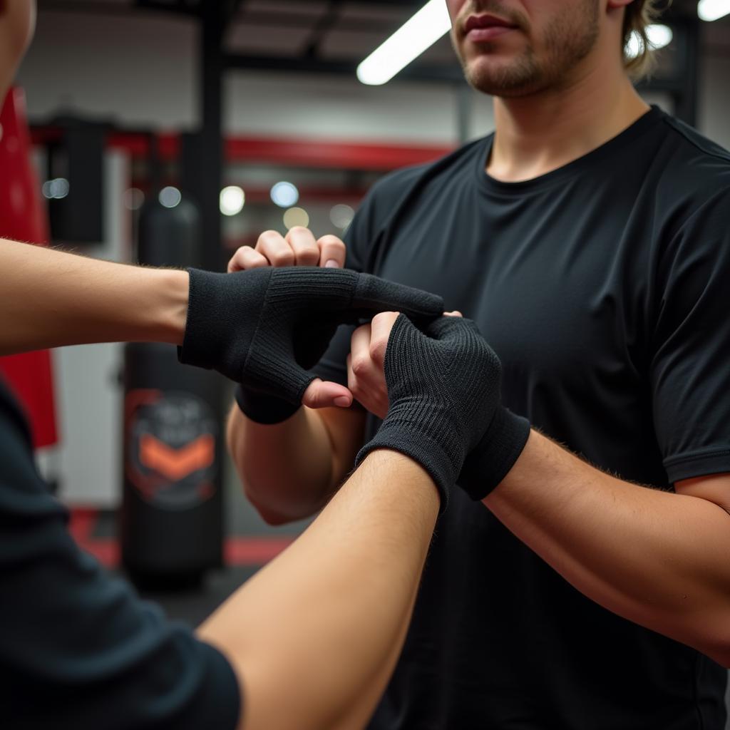 A boxer wrapping their hands for protection