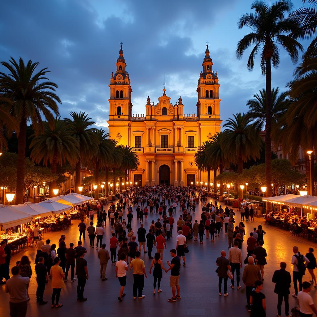 Bustling Plaza in Seville at Twilight