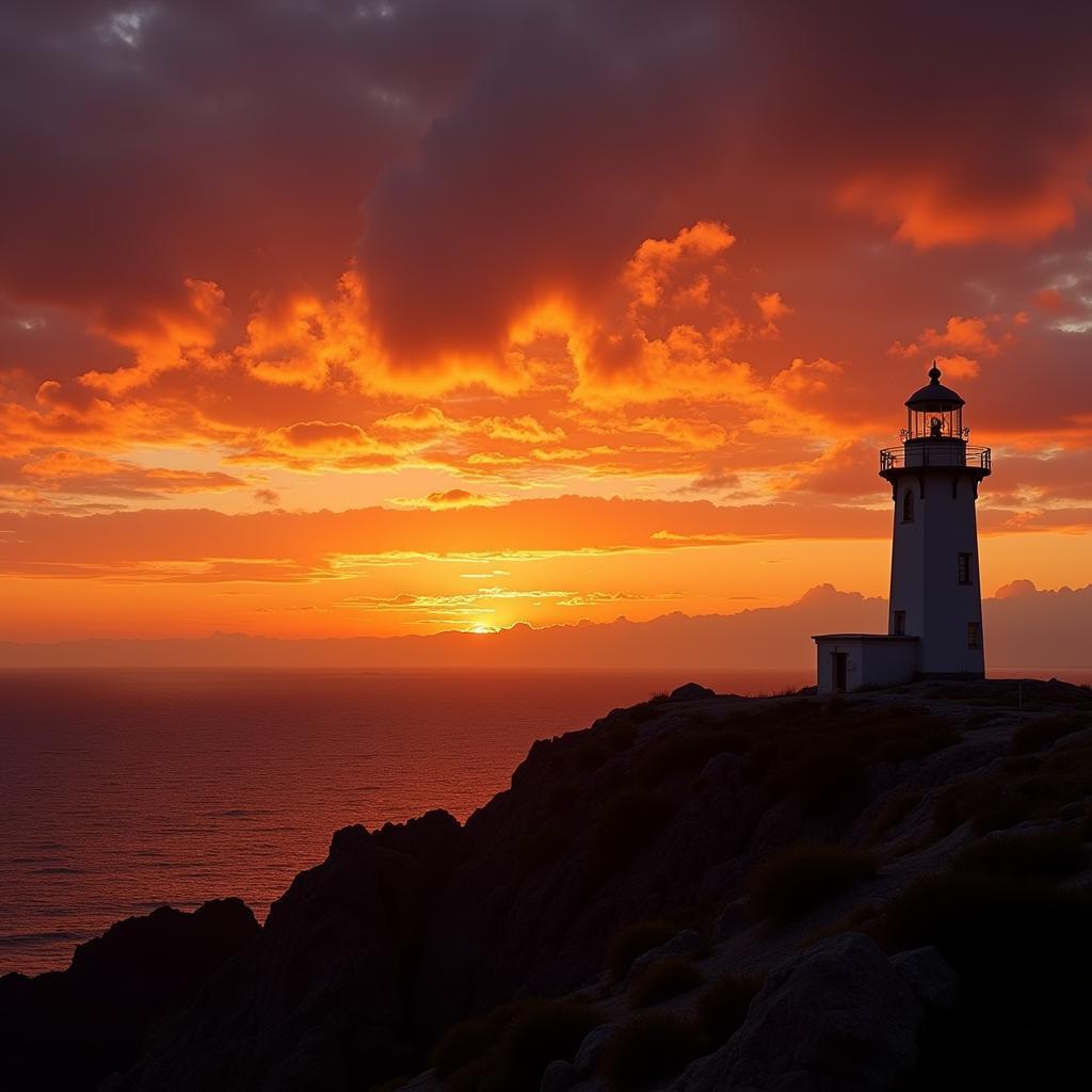 Cabo Home Lighthouse against a Fiery Sunset