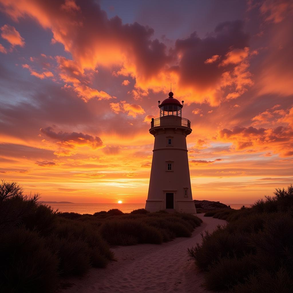 The Cabo Home lighthouse stands tall against a backdrop of a vibrant sunset