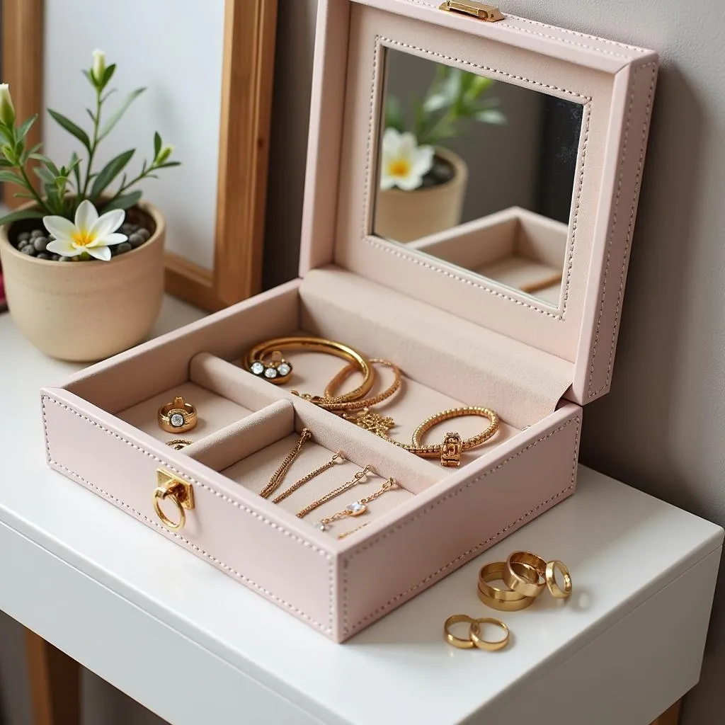 Caja cristal used as a jewelry display on a vanity table