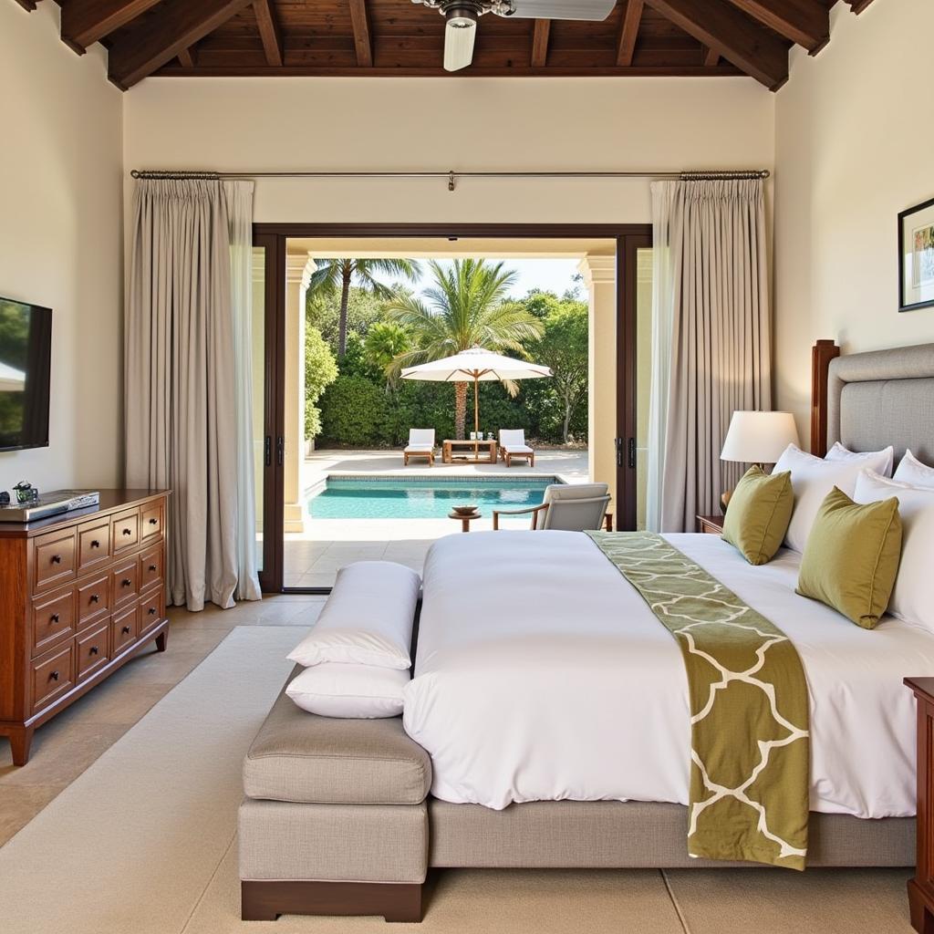 A traditional Spanish villa with white-washed walls and terracotta roof, nestled amongst lush greenery and overlooking the sparkling Mediterranean sea.