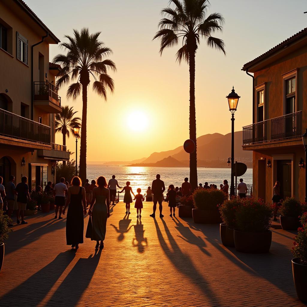 People enjoying the lively evening atmosphere along the Calpe promenade