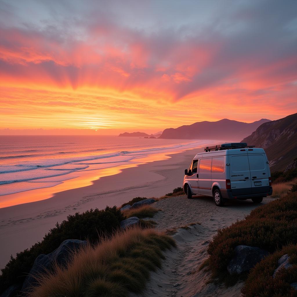 Campervan parked by the beach at sunset