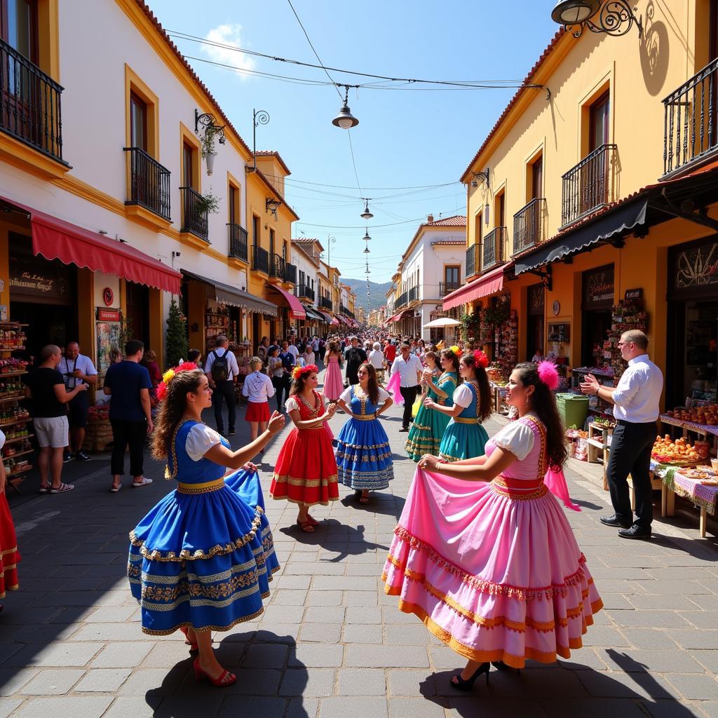 Locals and tourists celebrating at a lively Canarian fiesta