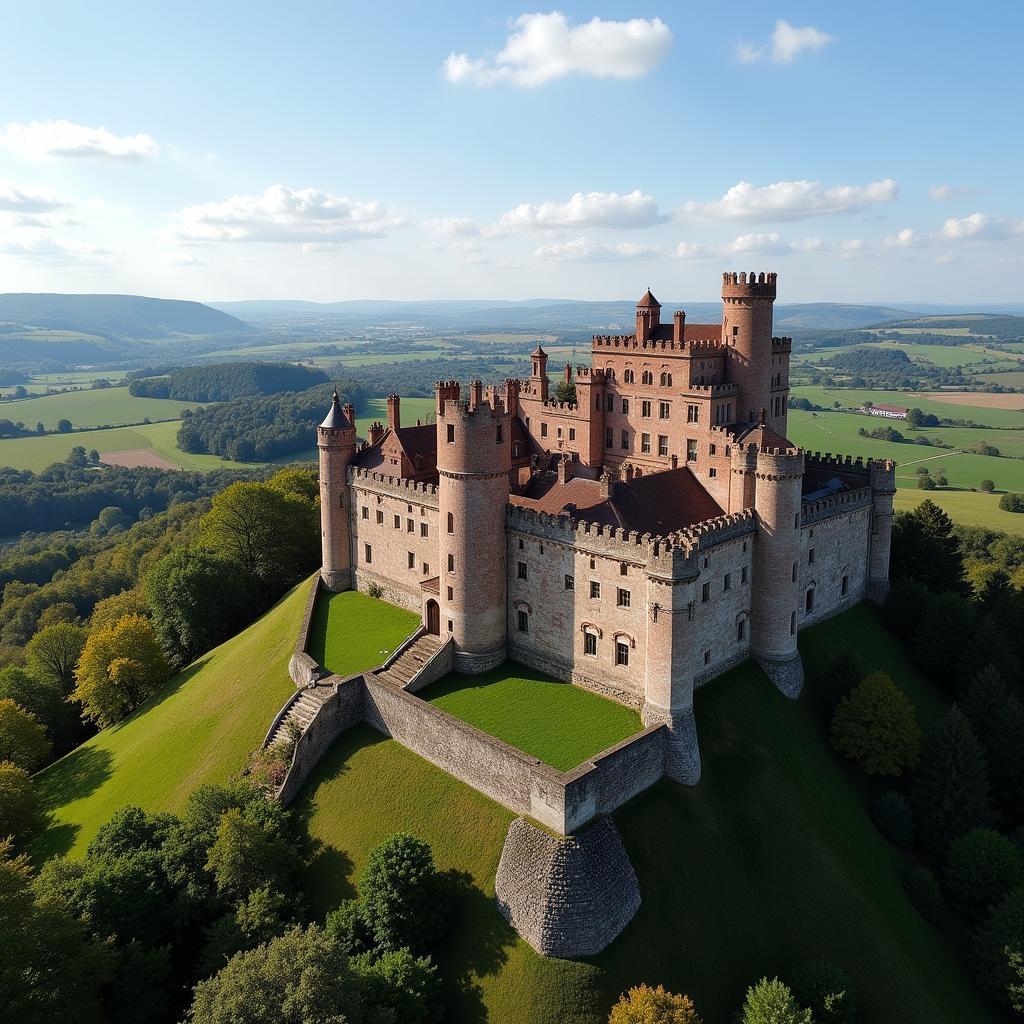 A majestic medieval castle perched atop a hill overlooking the town.