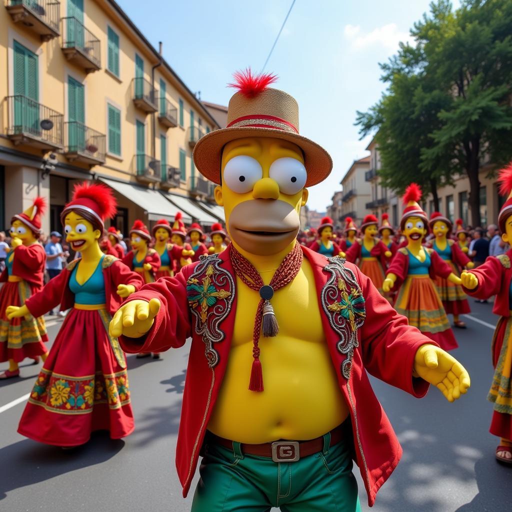 Carnival Parade Dancers with Homer Simpson Blending In