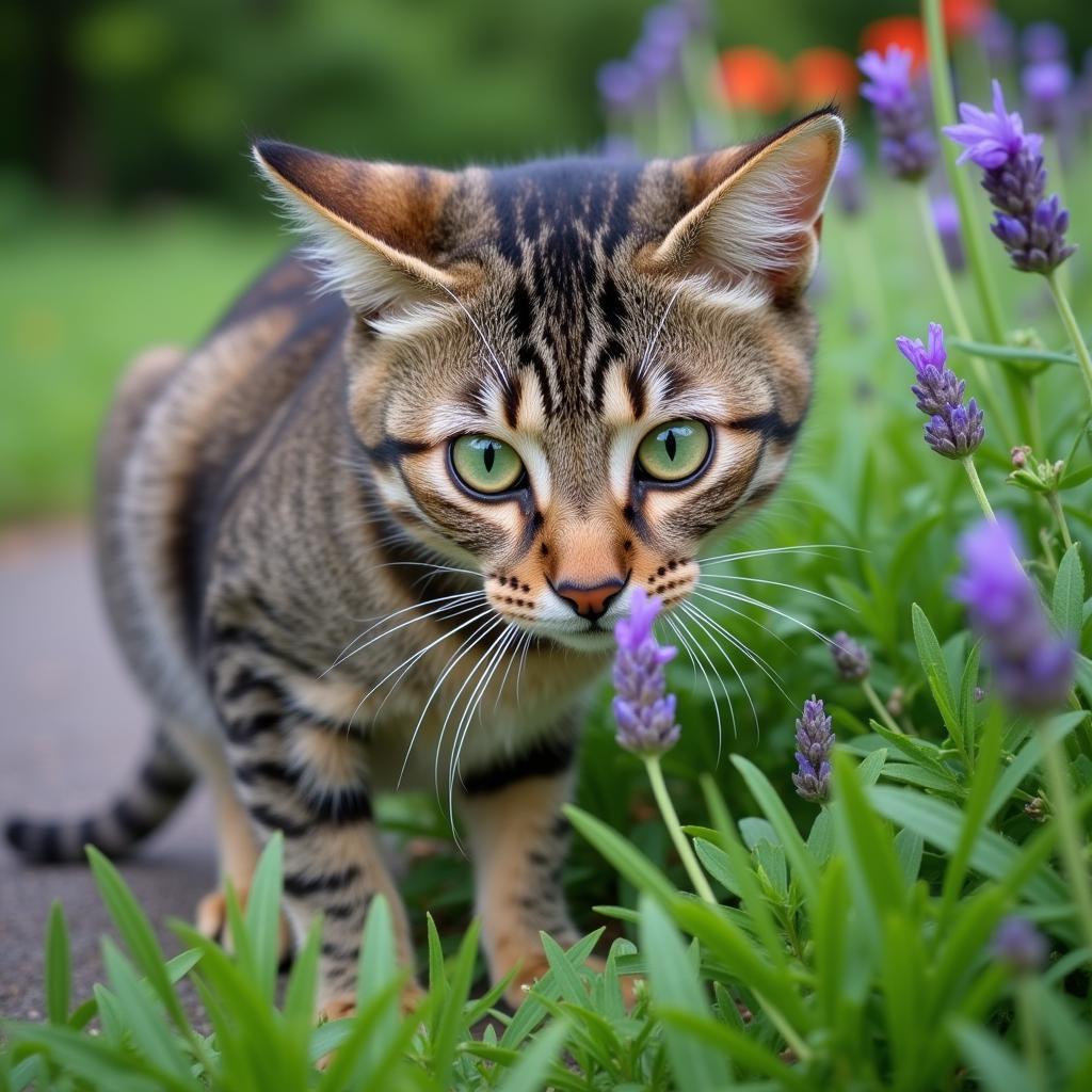 Curious cat exploring a garden