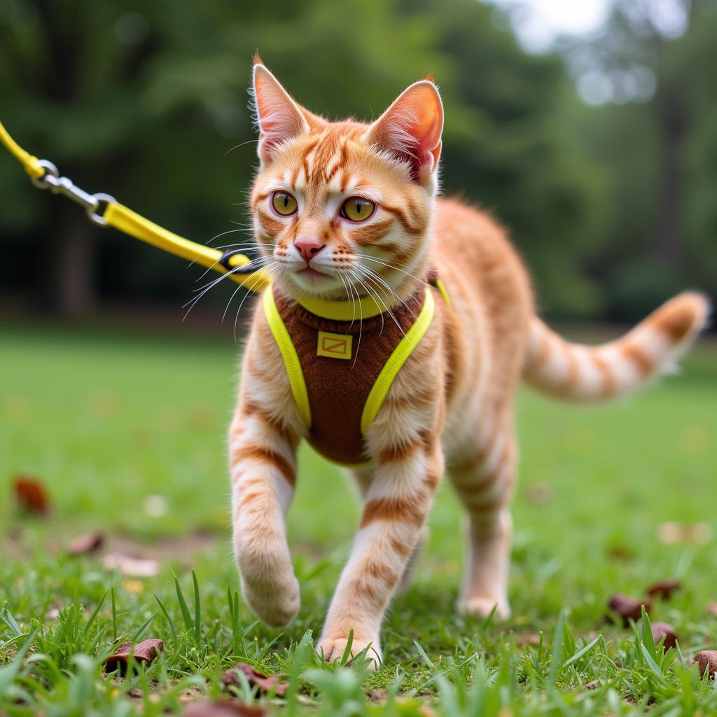 Cat exploring safely with a harness