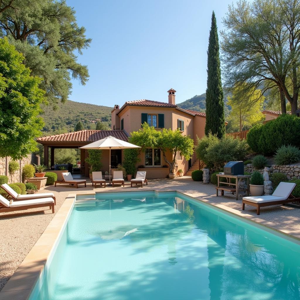 A white-walled Spanish villa with terracotta roof tiles, surrounded by lush greenery and featuring a private pool. 