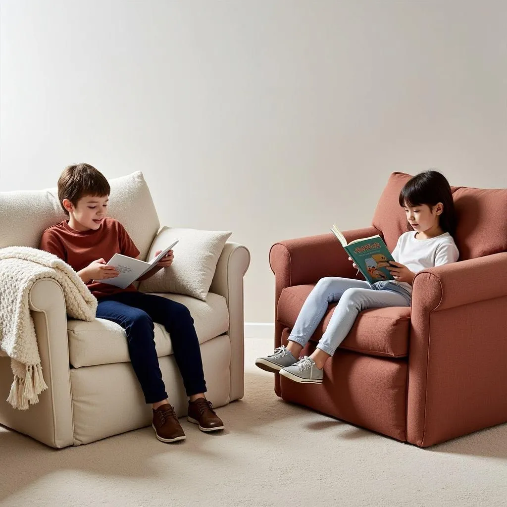 Two children reading books in Zara Home armchairs