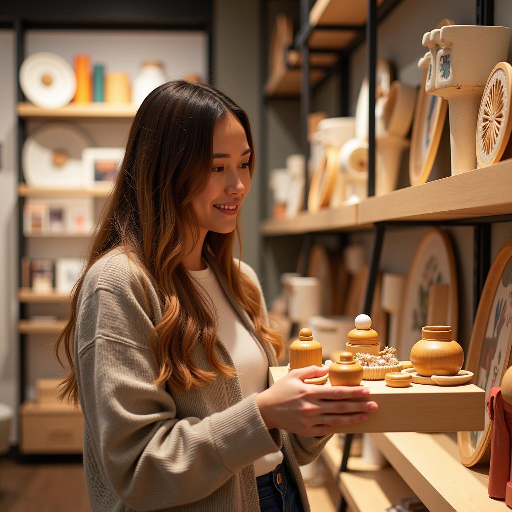 A woman carefully selecting a joyero from a Zara Home store shelf