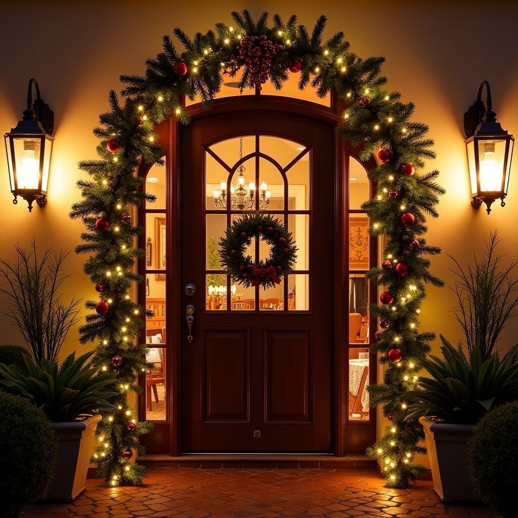 A rustic wooden door adorned with a festive Christmas corona from Zara Home.