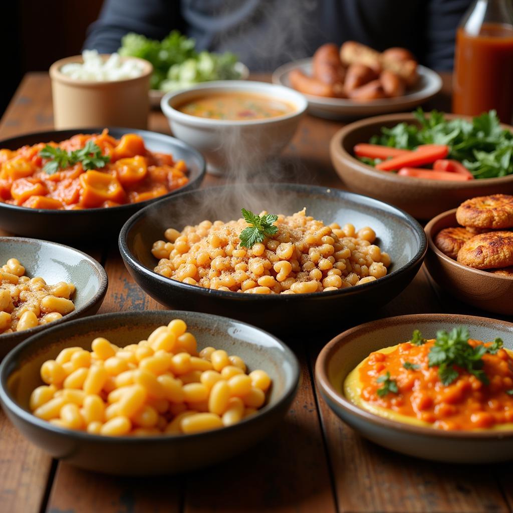 A table laden with traditional Spanish dishes in Ciudad Real