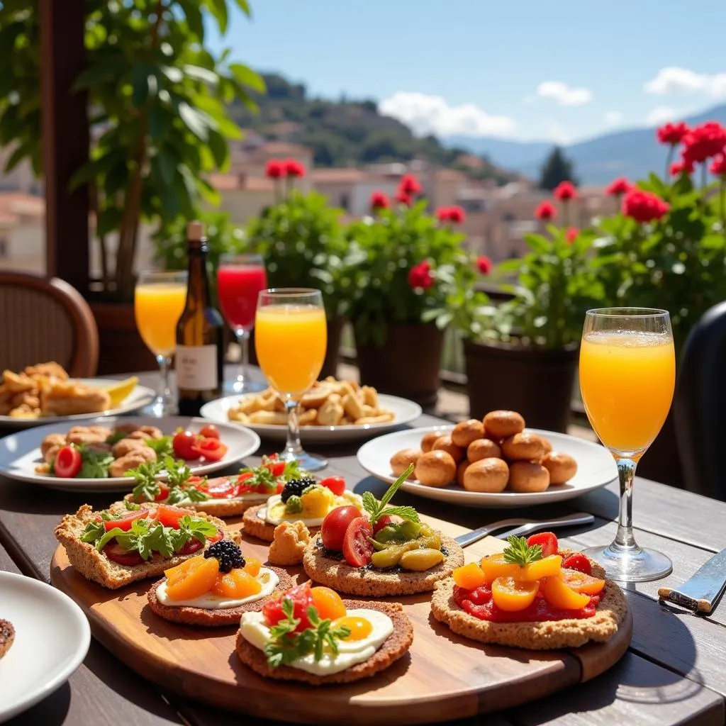 Colorful spread of Spanish tapas and wine on a sun-drenched terrace