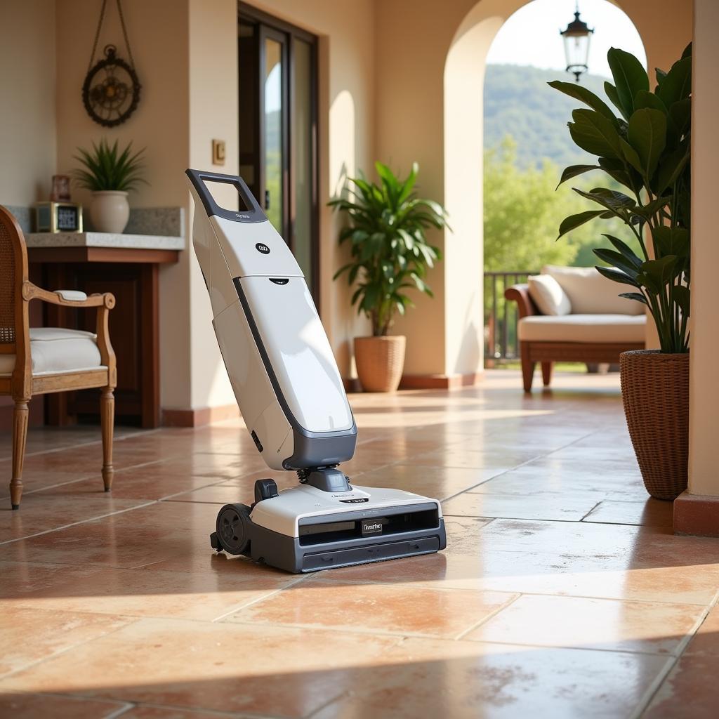 Conga 8290 robot vacuum cleaning a spacious and brightly lit Spanish villa with tiled floors and traditional decor