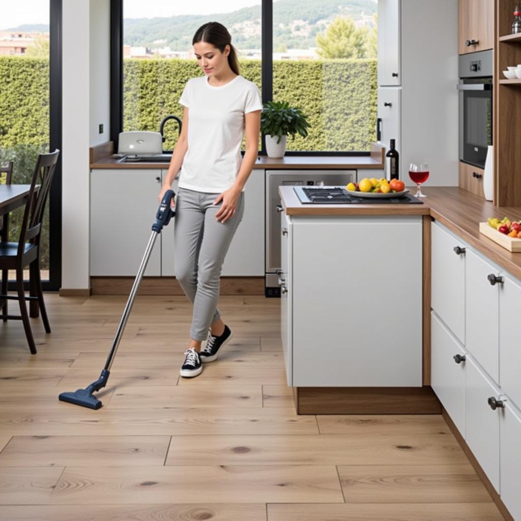 Conga 8290 robot vacuum in a traditional Spanish kitchen with terracotta tiles and wooden beams, cleaning up after a delicious paella meal