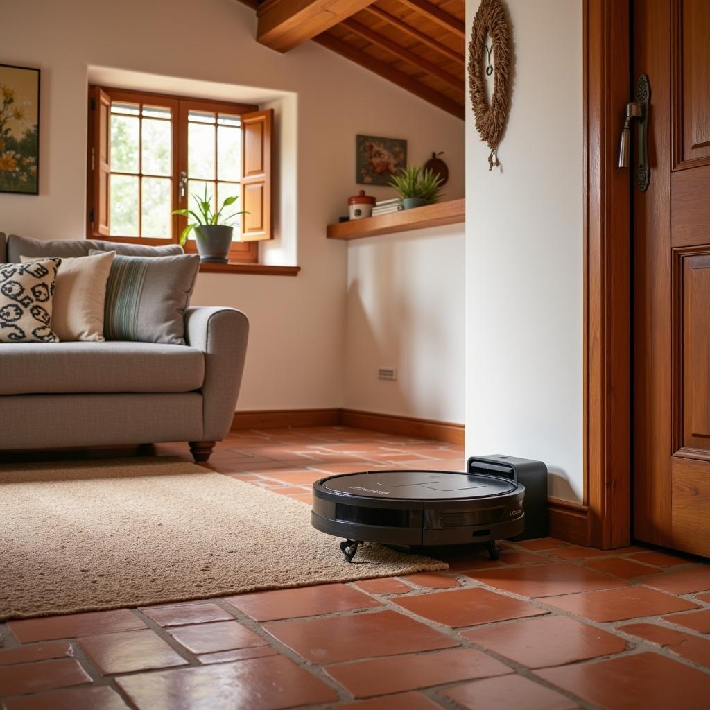 Conga robot vacuum docked at its charging station in a cozy Spanish home