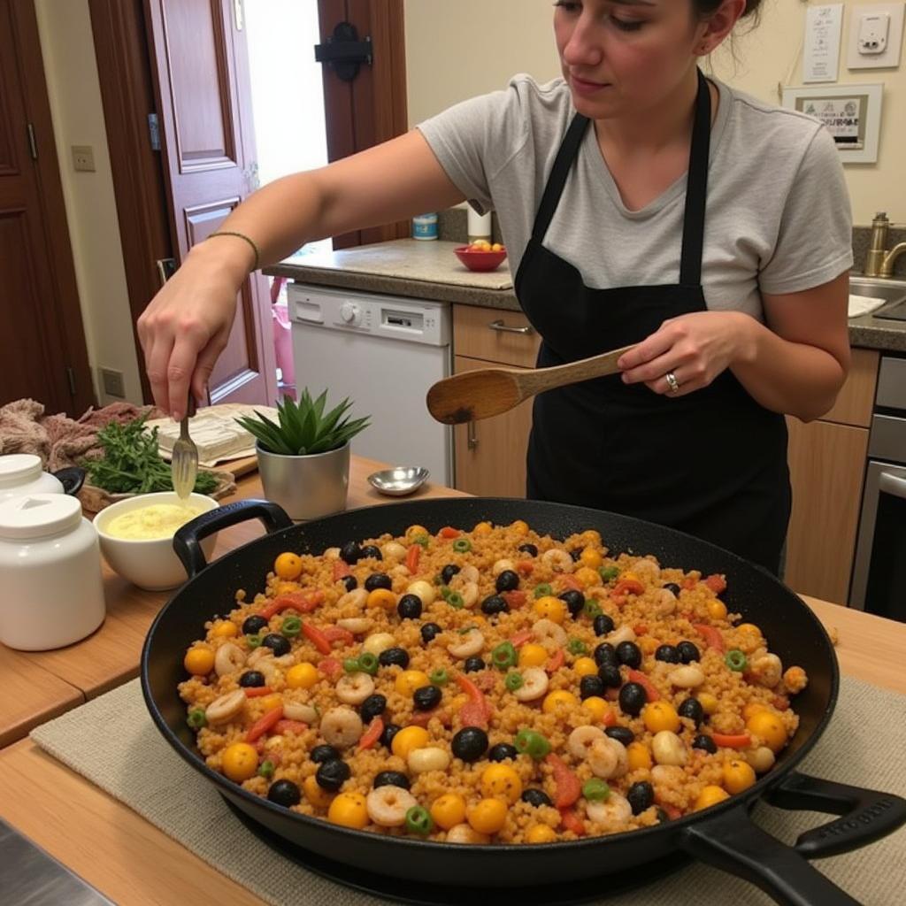 Guests participating in a paella cooking class at a La Nave Home.