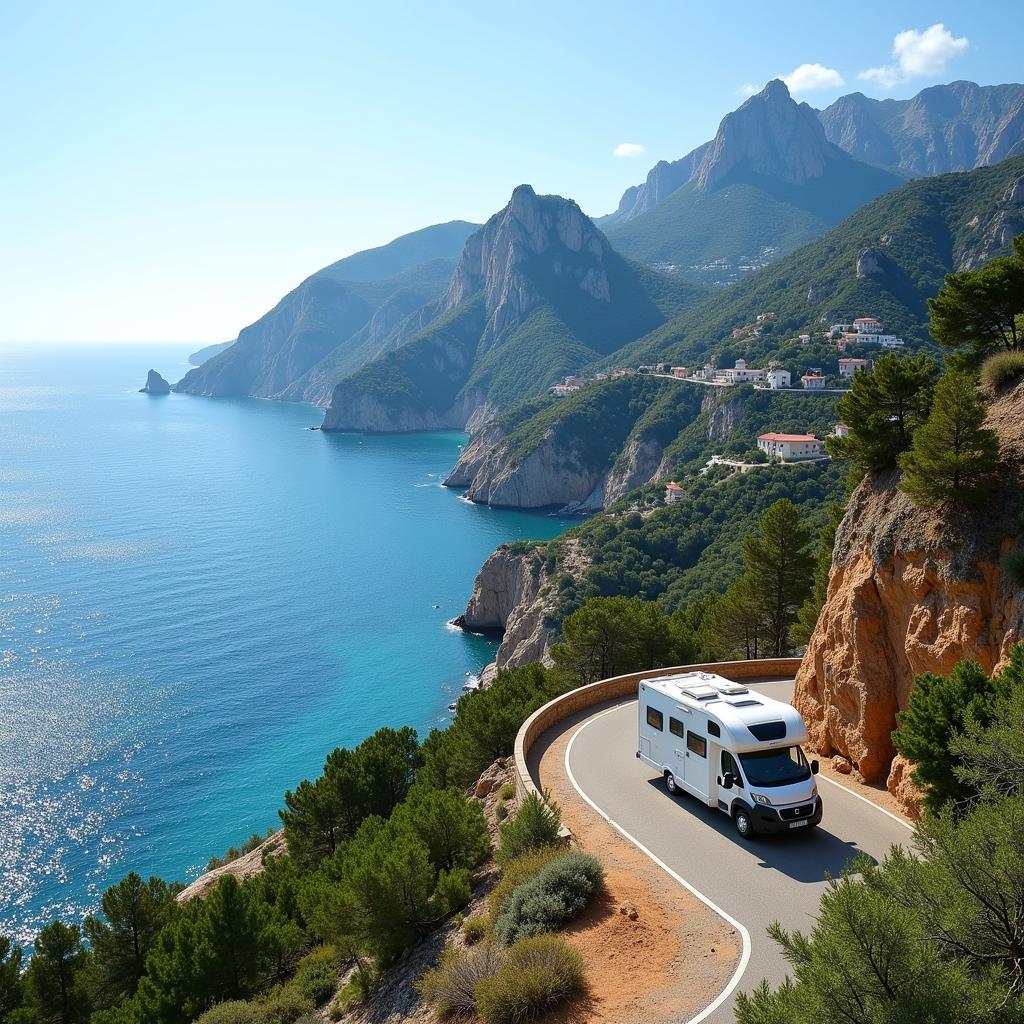 Mobile home parked overlooking the picturesque coastline of Costa Brava