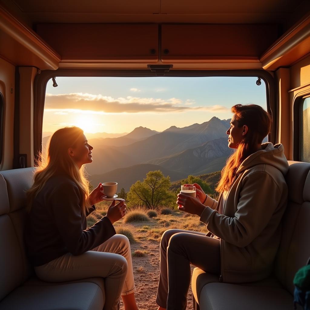 Couple enjoying a mountain view from their campervan