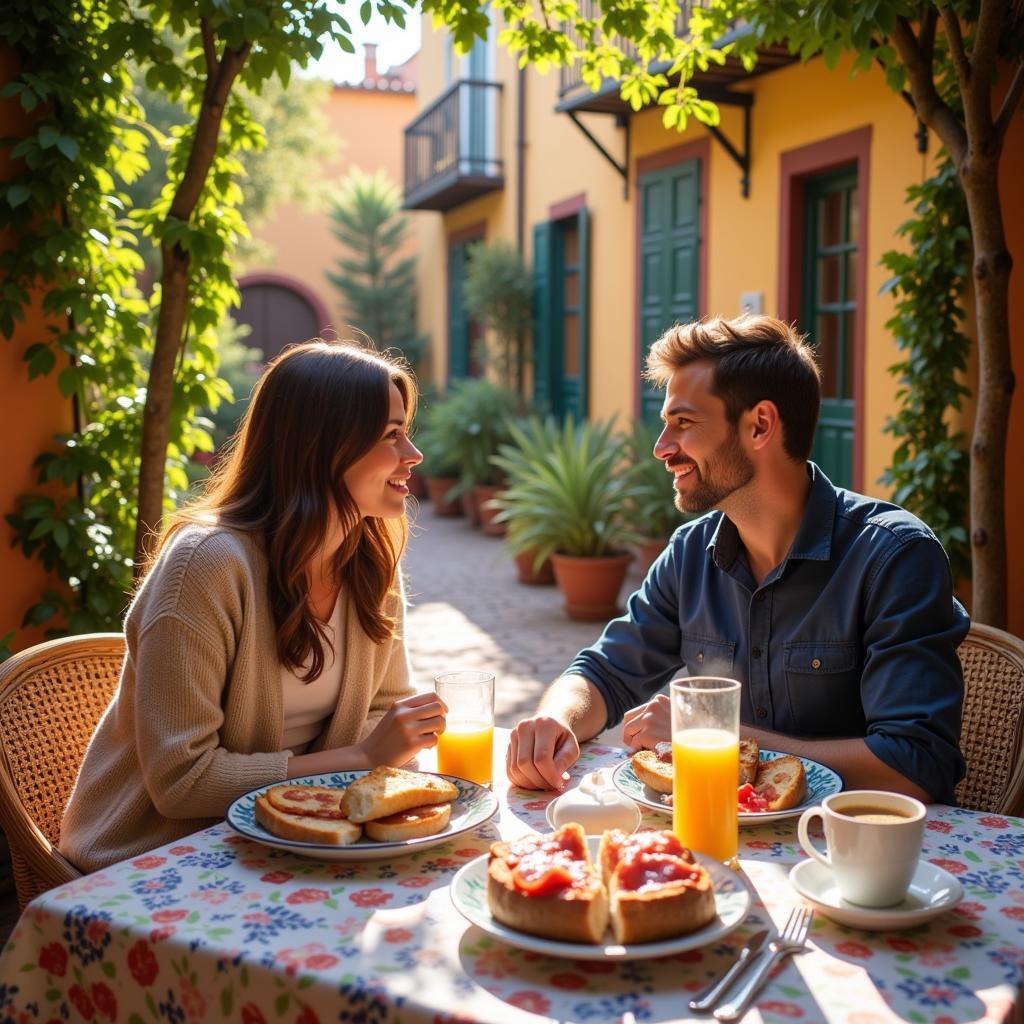 Couple enjoying traditional Spanish breakfast on a sunlit patio