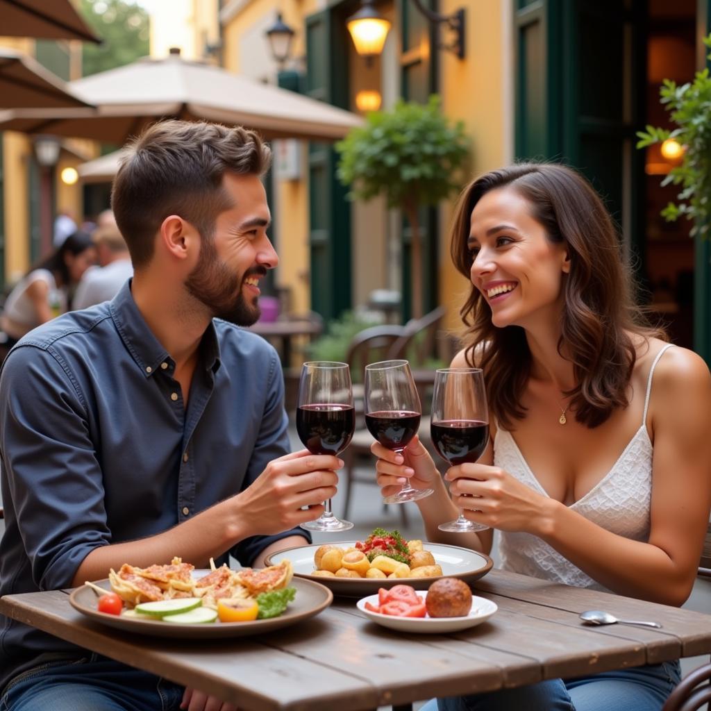 Couple enjoying Spanish wine and tapas