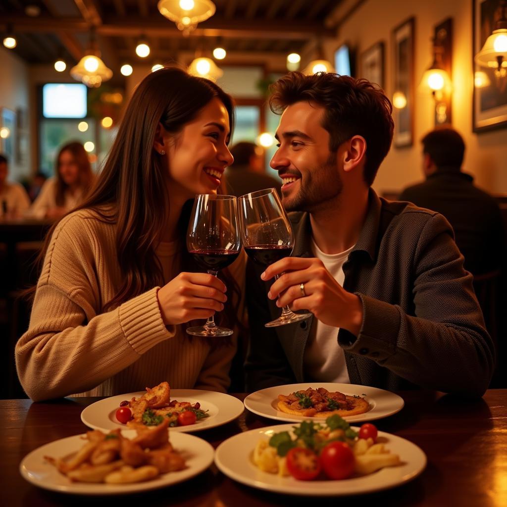 Couple Enjoying Spanish Wine and Tapas