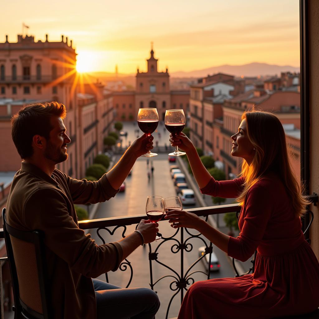 Couple Enjoying Spanish Wine on Balcony