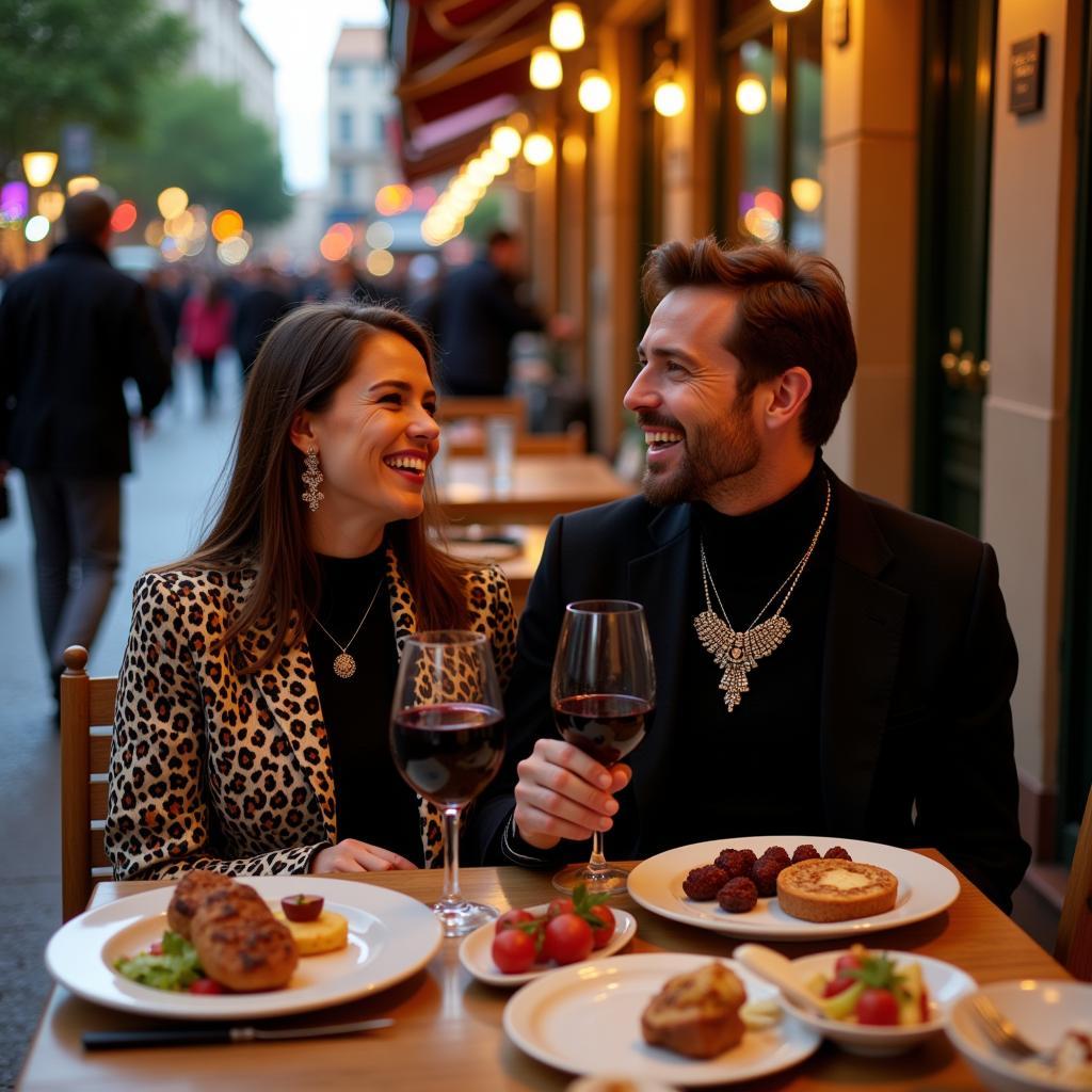 A couple enjoying tapas and wine at a lively tapas bar in Barcelona