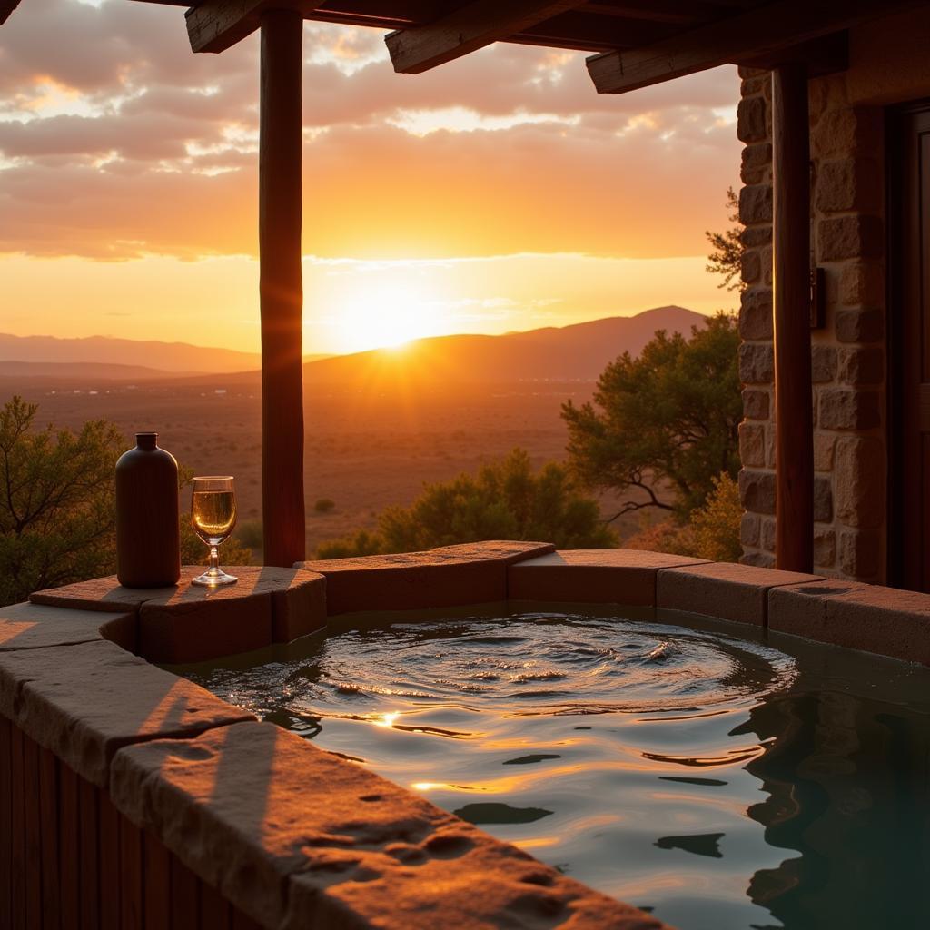 A couple smiles as they enjoy a glass of wine on the balcony of their cascajos home, overlooking a picturesque Spanish village at sunset.