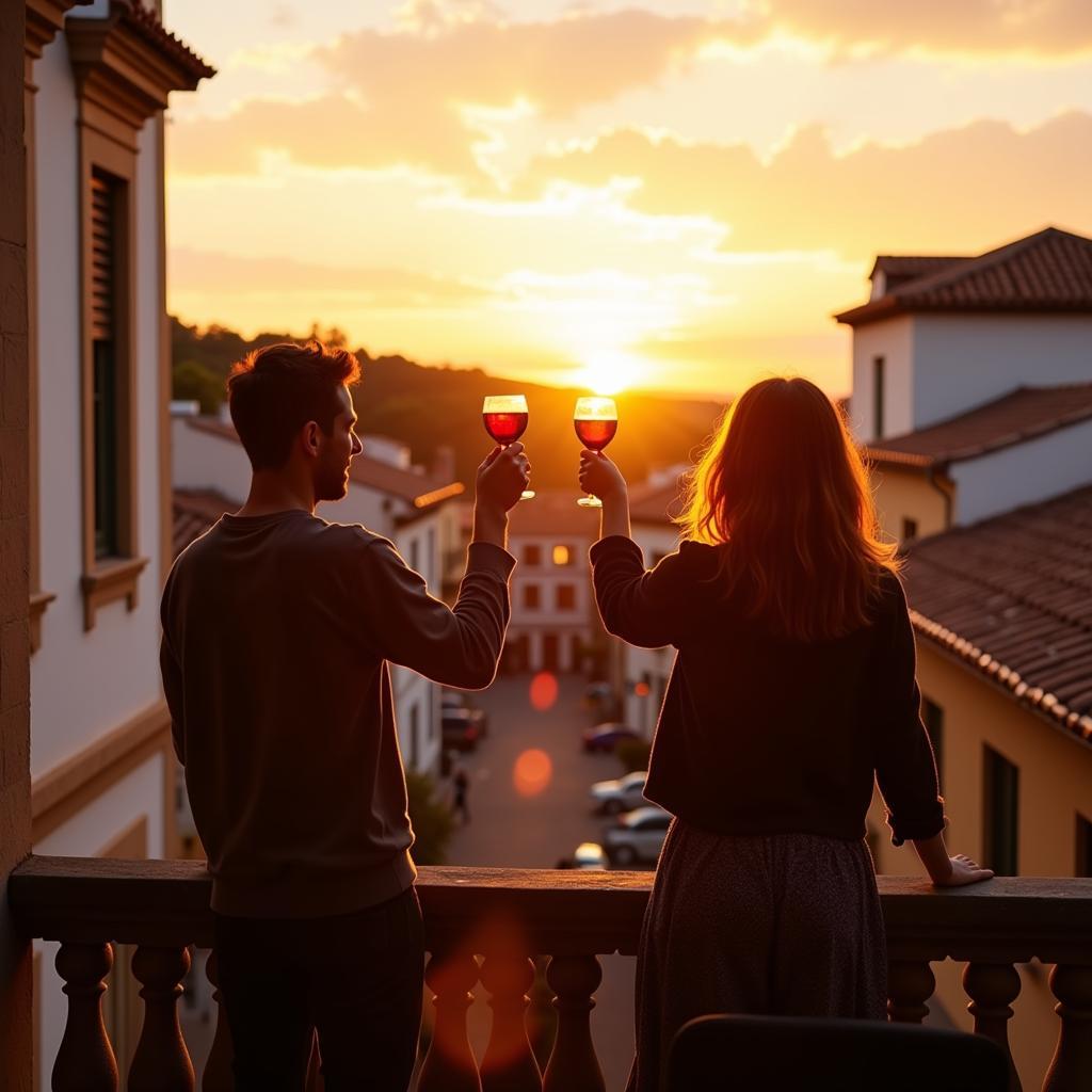 A couple enjoys wine on a balcony overlooking a Spanish town