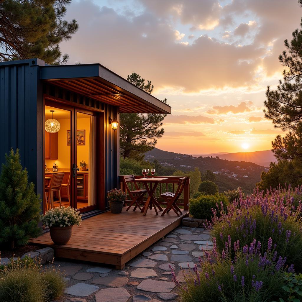 Couple Enjoys Wine on the Deck of their Sea Container Home with a View of a Spanish Village