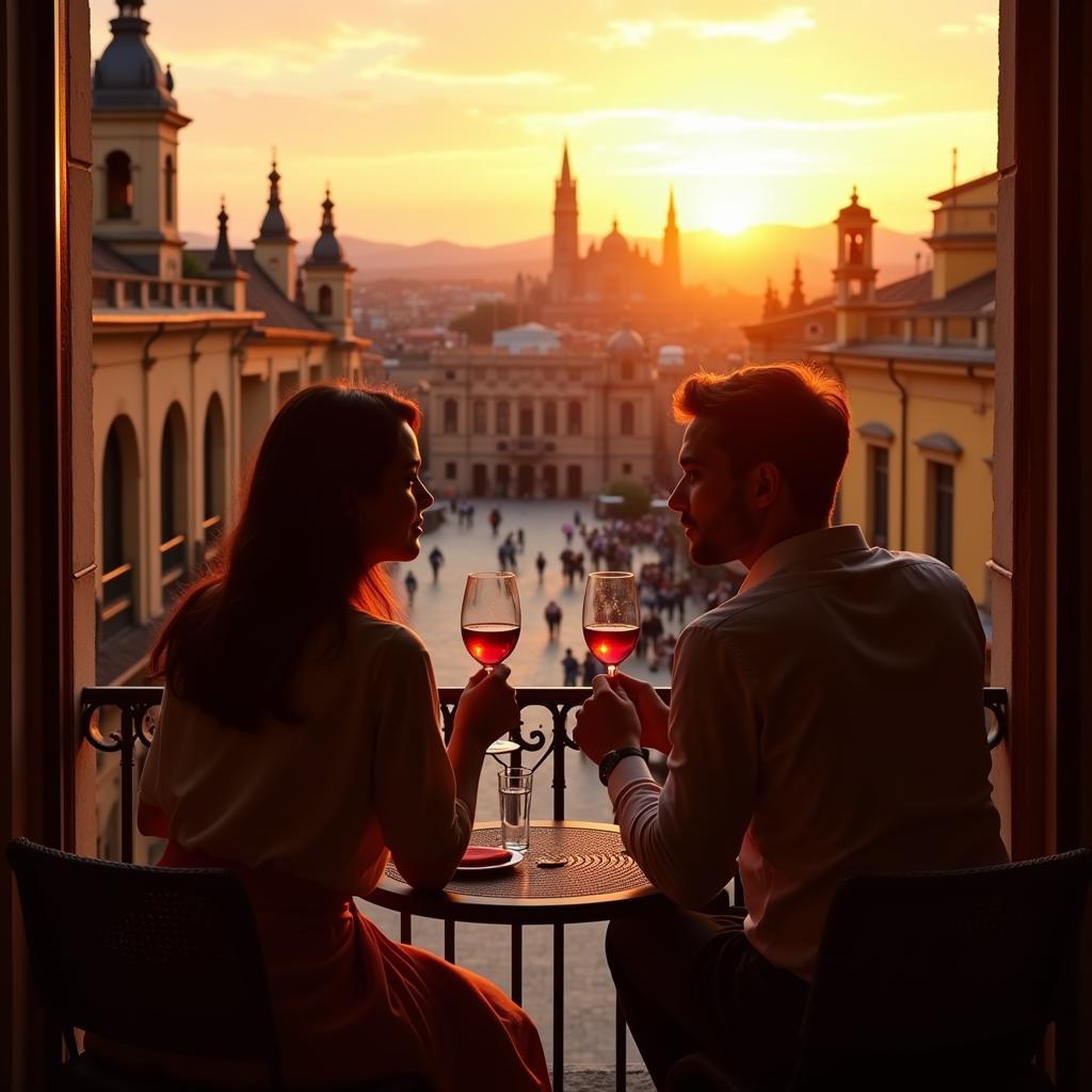 Couple sharing a bottle of wine on a balcony overlooking a Spanish plaza