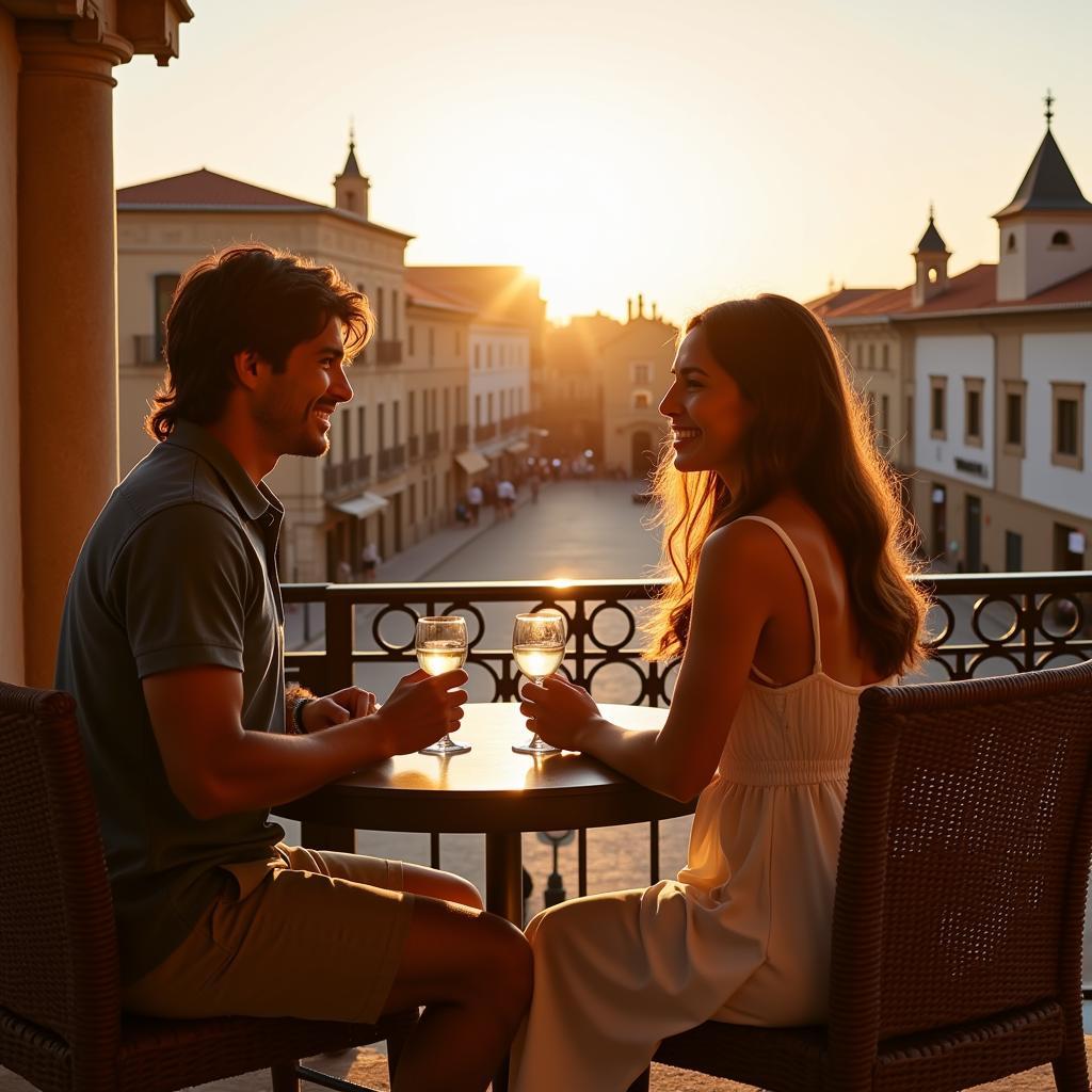 Couple Enjoying Wine on Spanish Balcony