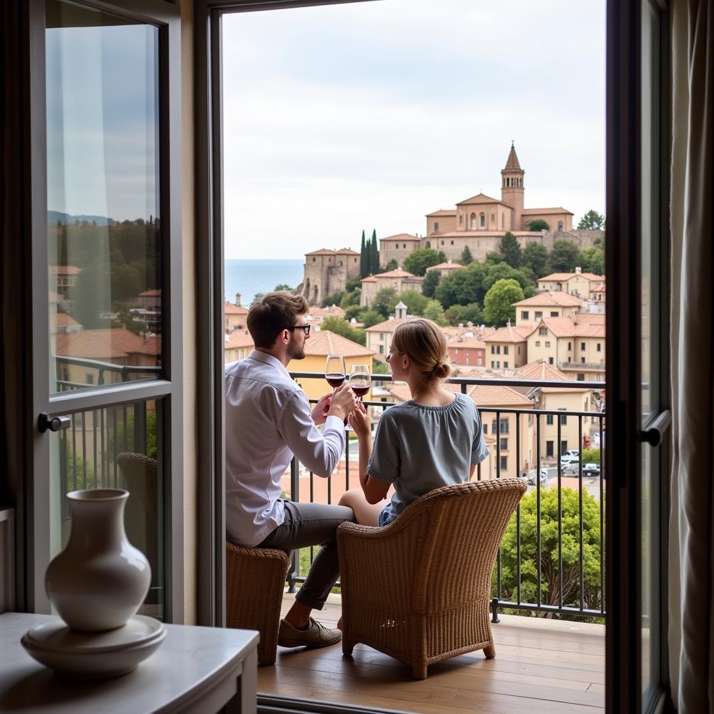 Couple enjoying wine on a balcony in Spain with a white vase visible inside