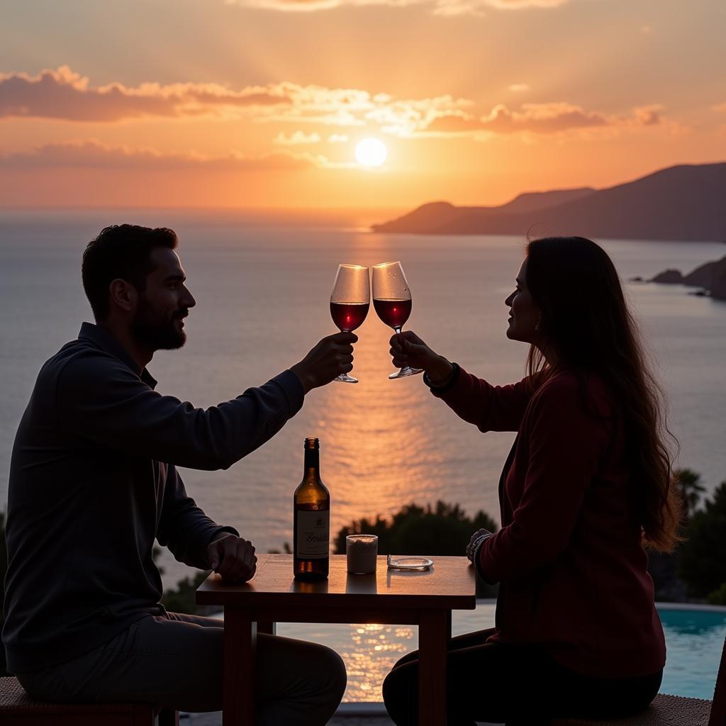 A couple enjoying a glass of wine while overlooking the stunning Spanish coastline.