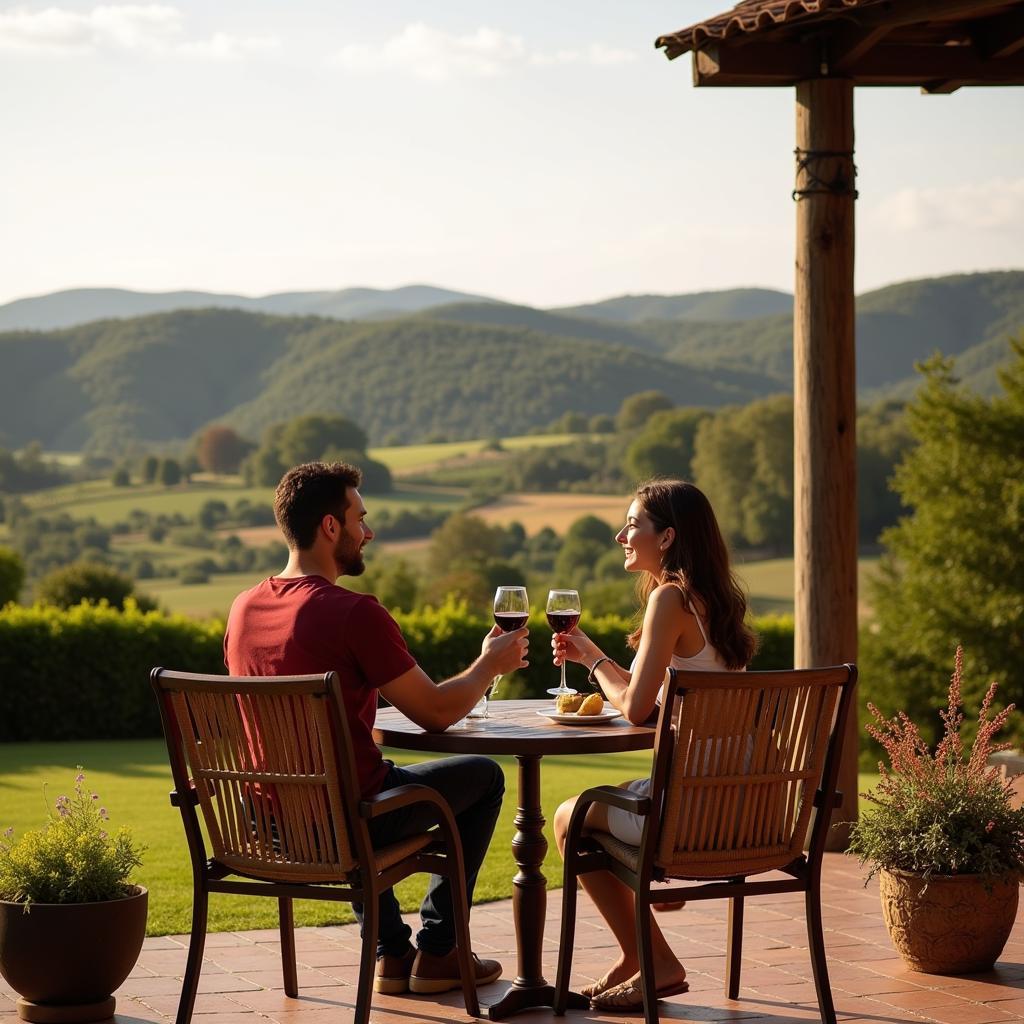 Couple enjoying wine with a view from their Quasar home in Galicia