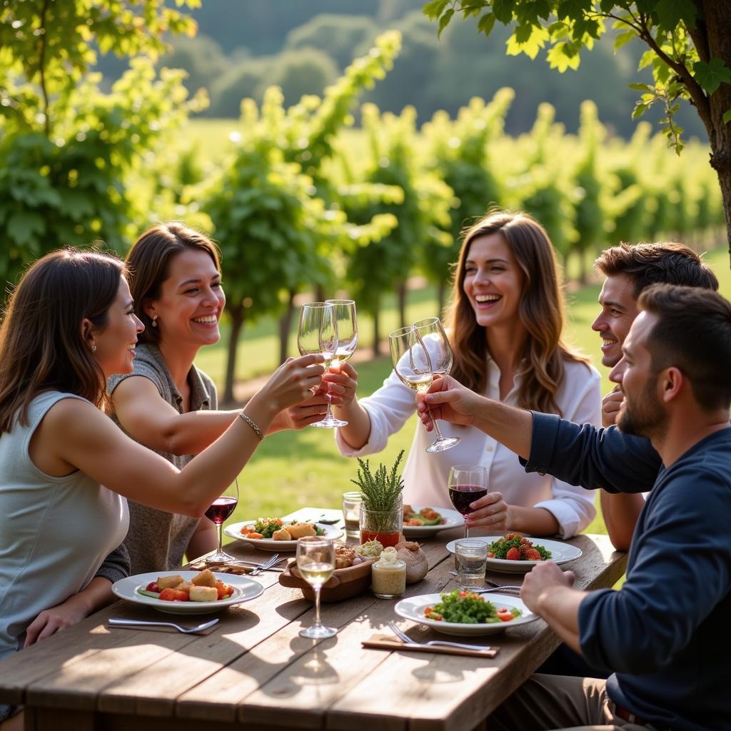 A couple enjoys wine with locals at a Spanish vineyard