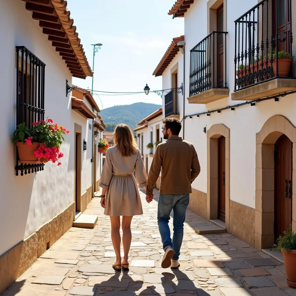 Couple exploring picturesque Spanish village.