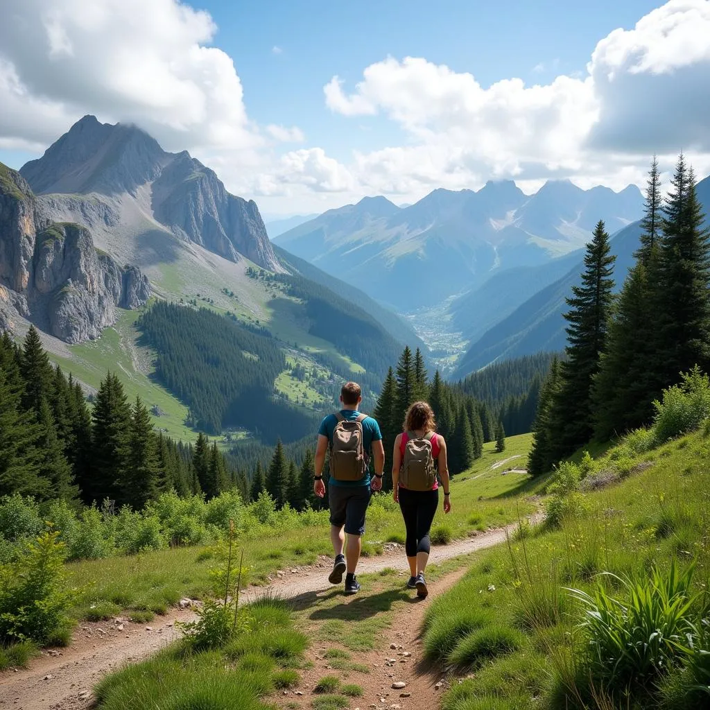 Couple hiking with panoramic views in Asturias Mountains